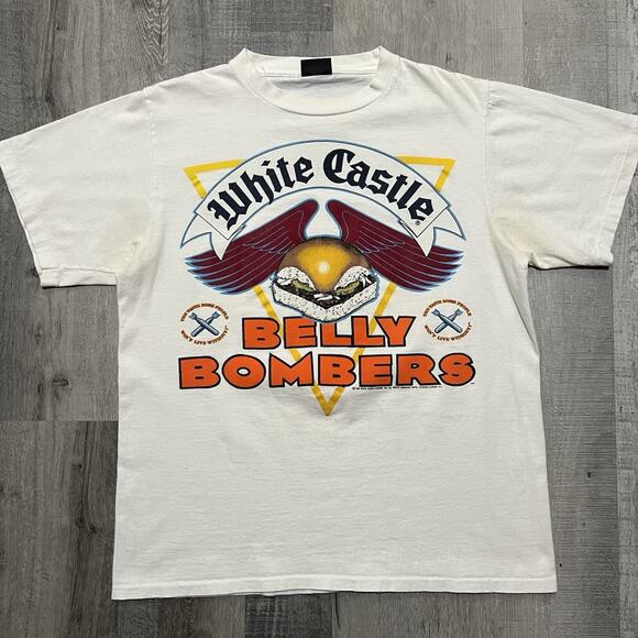 VTG White Castle Belly Bombers White Big Graphic 80s Cheeseburger T Shirt Sz L - Picture 1 of 6